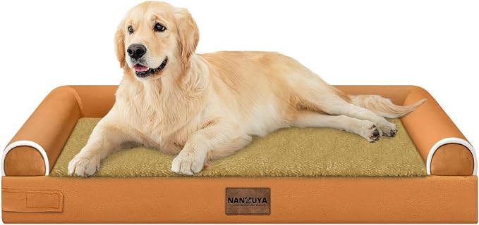 Orthopedic Dog Bed for Large Dogs, 36 x 27 Inch, Orange | Egg crate foam for joint support, 3-sided bolster pet sofa, waterproof lining, washable cover, and non-skid base
