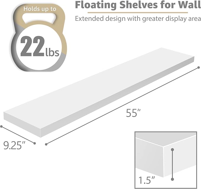 Sorbus Floating Shelves for Wall - 55 Inch Extra-Long Bathroom Shelves, Wall Decor for Bedroom, Kitchen, Living Room, Book Storage - Mounted Floating Shelf with Hidden Brackets (White, 2 Pack)