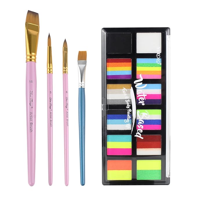 Face Paint Kit for Kids & Adults - 12 Color Rainbow Split Cake Face Painting Kit with 4 Brushes, Water Activated Face Paint Palette, Professional Facepaint Makeup Set for Kids Party Halloween Cosplay