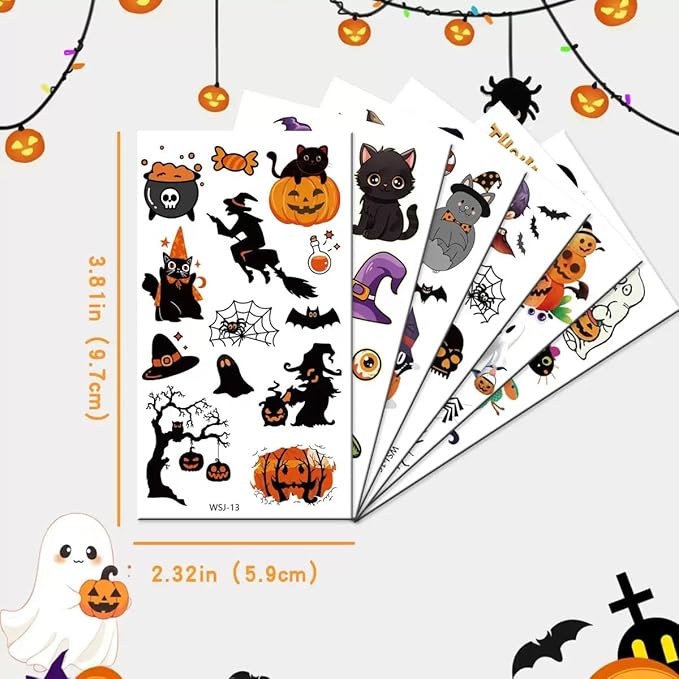 30 Sheets Halloween Temporary Tattoos Cartoon Witch Pumpkin Fake Tattoos Styles Mixed Ghost Skeleton Tattoos Spider Web Magician Stickers Waterproof Castle Tattoo for Kids Boys Girls Body Art Makeup