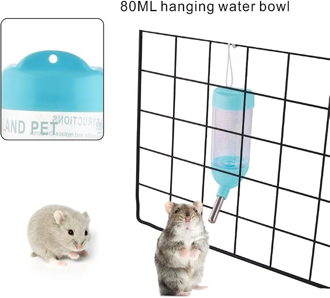 Guardians Hamster Water Bottle, Little Pet Automatic Drinking Bottle with Food Container Base Hut Hanging Water Feeding Bottles Auto Dispenser for Small Animals(80ml,Blue)