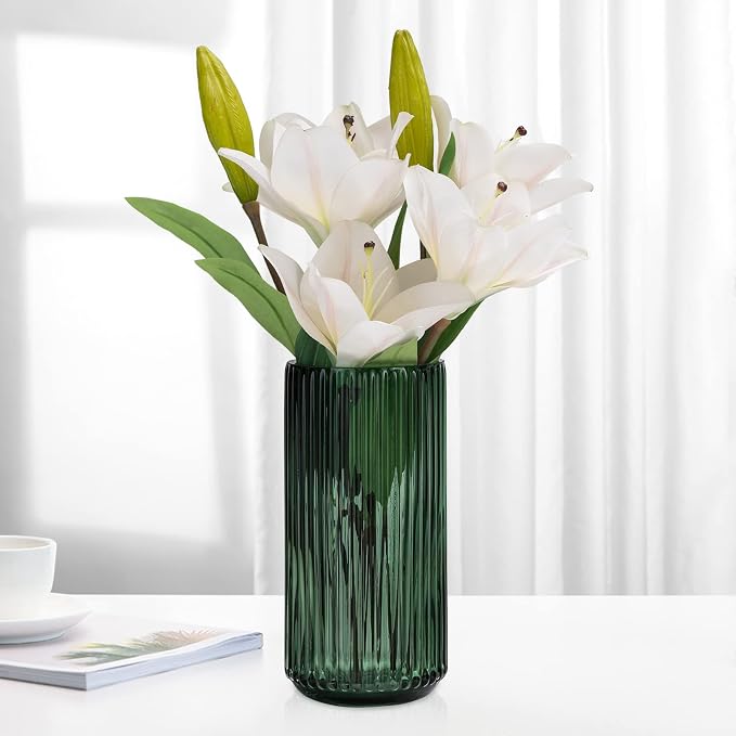 Flower Vase 10 inch Green Thickened Hand Blow Glass Vase Round Vintage Striped Bottles for Bookshelf,Dinner Table,Indoor Office Desktop,Meeting Room,Bathroom,Countertop,Home