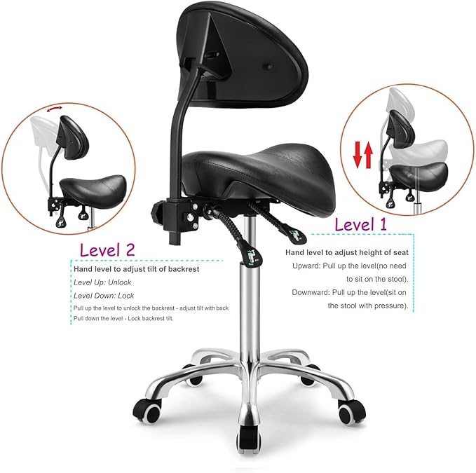 Kaleurrier Saddle Stool Rolling Swivel Height Adjustable with Wheels,Heavy Duty Anti-Fatigue Ergonomic Saddle Chair for Hair Beauty Salon Lab Dental Massage Office Home Kitchen(with Back, Black)
