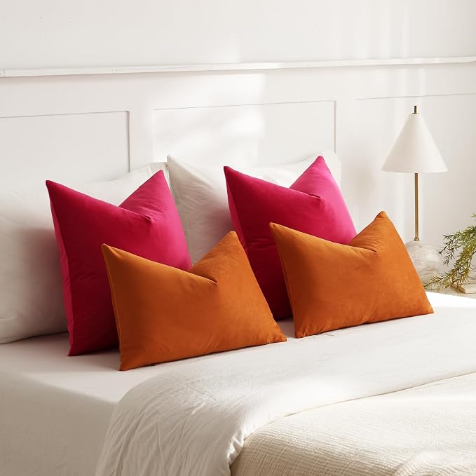 Euro Sham Covers 24x24 Hot Pink: Pack of 2 Cozy Soft Velvet Square Modern Luxury Decorative Throw Pillow Cases for Sofa Couch Living Room Bed Home Decor