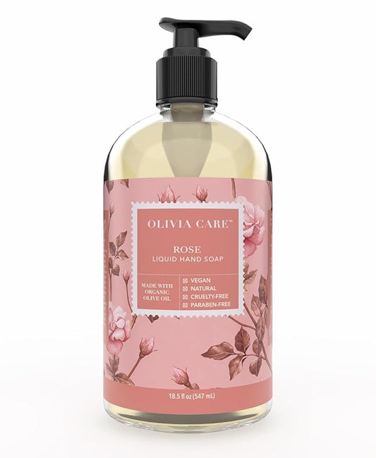 Olivia Care Liquid Hand Soap Rose & Essential Oils. All Natural - Cleansing, Germ-Fighting, Moisturizing Hand Wash for Kitchen & Bathroom - Gentle, Mild & Natural Scented - 18.5 OZ