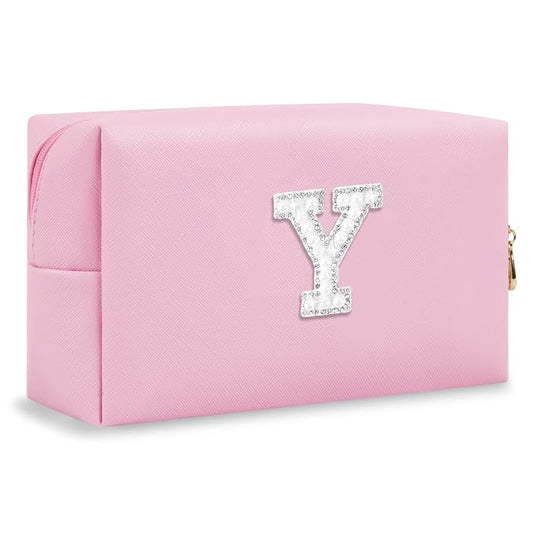ChaoGreat Bride Gifts – Personalized Initial Makeup Bag with Pearl Rhinestone Patch, Preppy Pink Monogram Cosmetic/Toiletry Pouch, bridesmaid Gifts, Bridal Shower Gifts, Wedding Gifts, Bridal Gifts,Y