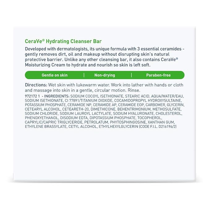 CeraVe Hydrating Cleanser Bar, Soap-Free Body and Facial Cleanser with 5% Moisturizing Cream, Fragrance-Free, 2-Pack, 4.5 Ounce Each