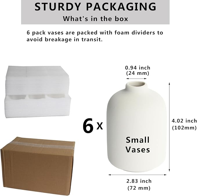YANLING Small White Vase for Decor, 6 Pack Ceramic Vases for Pampas Grass | Boho Vase for Home Decor White Vases for Flowers, Modern Ceramic Vase Dried Flowers Vases