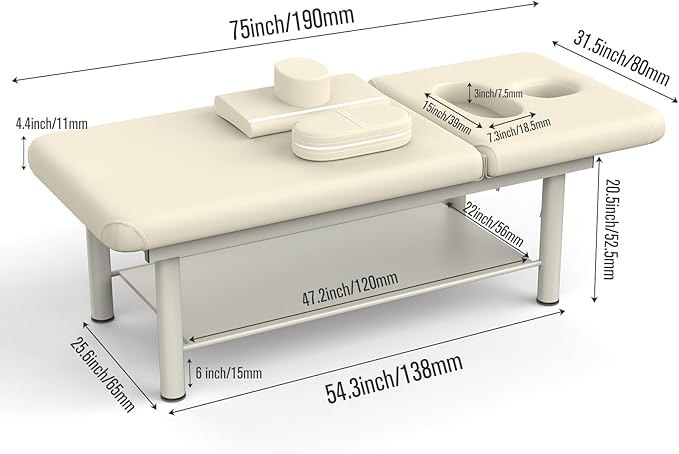 Heavy Duty Professional Stationary Massage Bed Wide Massage Table with Backrest for Treatment Physical Therapy Spa Facial Bed, Metal Frame PU Leather Segmented Structure
