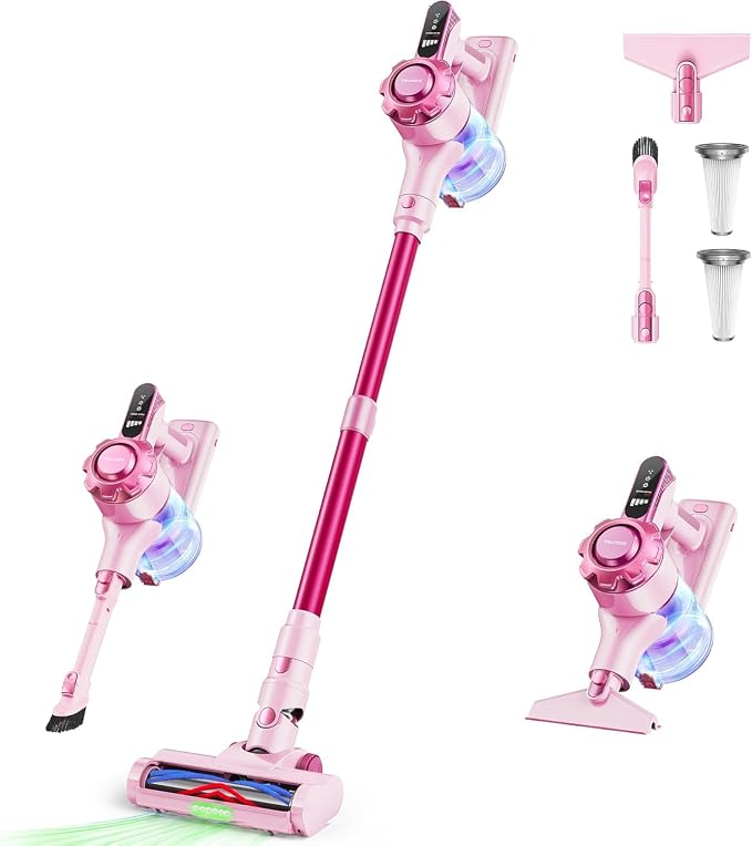 Trucozie Cordless Vacuum Cleaner, 8-in-1 Lightweight Stick Vacuum with 45mins Runtime, Powerful Suction, Green Light & Self-Standing Vacuum Cleaners for Home, Hardwood Floors, Carpet, Pet Hair, Pink