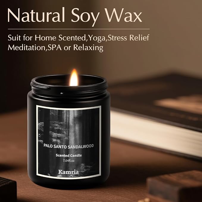 Palo Santo Sandalwood Scented Candle, Grounding Woody Aromatherapy for Meditation & Cleansing, Premium Matte Black Soy Wax Jar, Earthy Decor Gift for Men and Women, 7oz