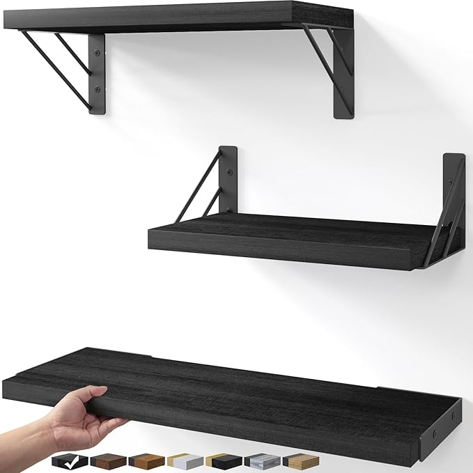 BAYKA Wall Mounted Floating Bathroom Shelves, Wood Floating Wall Shelf for Bathroom Essentials & Decor, Small Space-Saving Display & Organizer（Black，Set of 3）