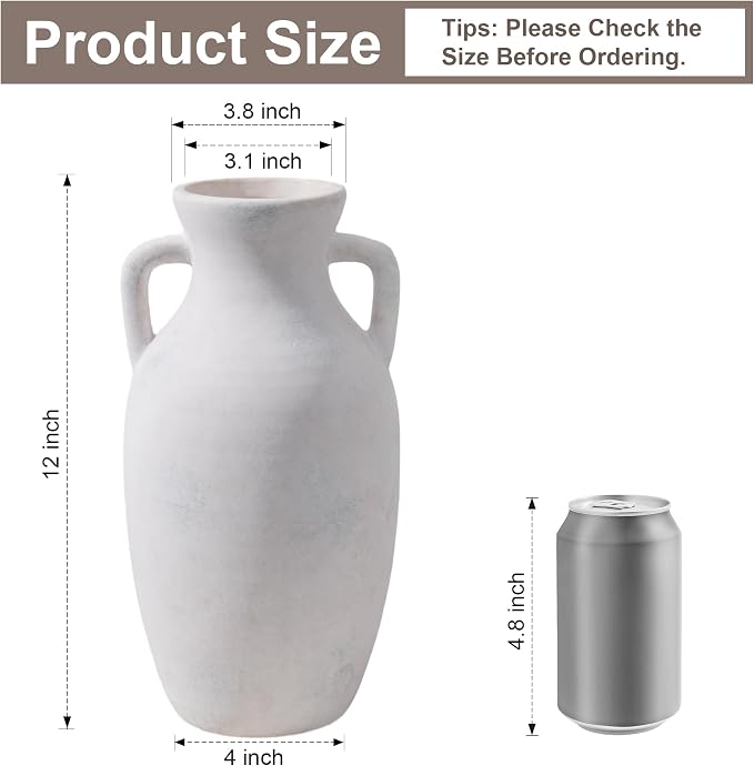 Ceramic Flower Vase with Handles, Neutral Tall Clay Decorative Terracotta Vases Farmhouse Table Vases Living Room Decor Rustic Pottery Pots for Home Shelf Coffee Dining Desk (A-12 h-Antique Beige)
