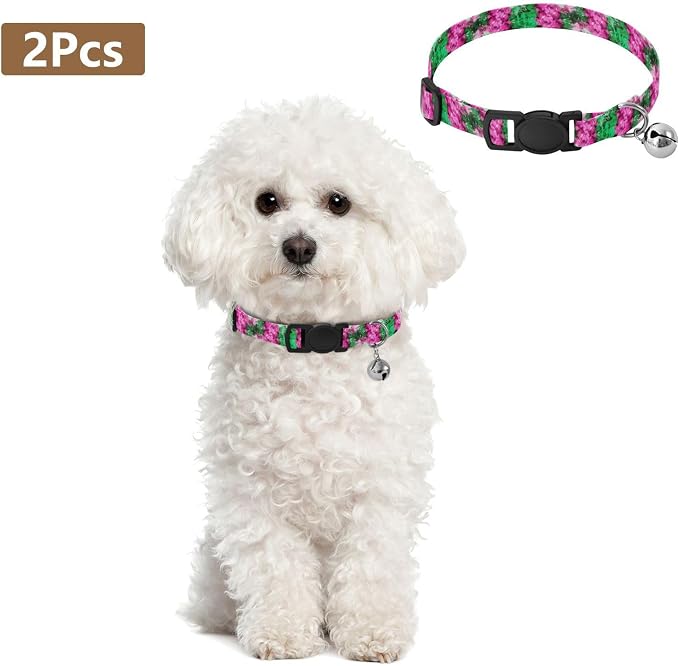 2 Pack Small Dog Collar Watercolor Roses Green Breakaway Cat Collars with Bell, Adjustable Length 10.6" to 17.1"