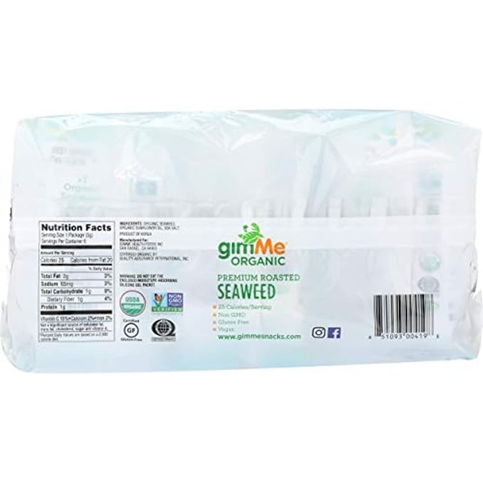 Gimme Seaweed - Sea Salt - 6 Count - Organic Roasted Seaweed Sheets - Keto, Vegan, Gluten Free - Great Source of Iodine & Omega 3’s - Healthy On-The-Go Snack for Kids Adults (Pack of 2)