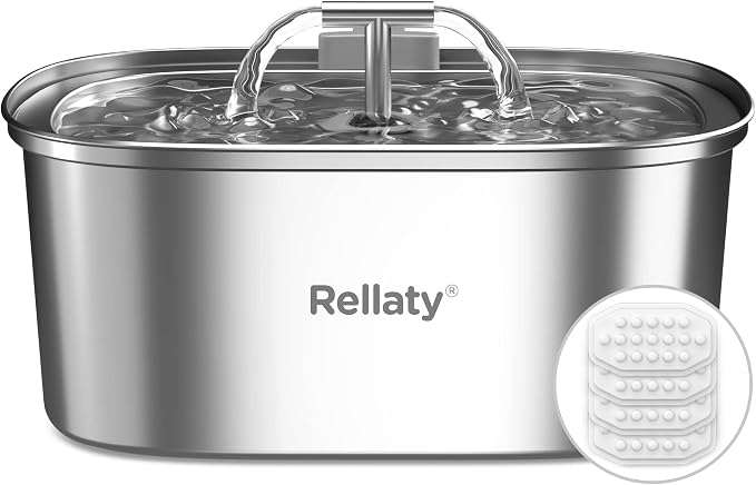 Cat Water Fountain Stainless Steel: Rellaty 3.2L/108oz Pet Water Fountain | Dog Drinking Fountains Cat Feeding & Watering Supplies Animal Metal Kitty Spout for Cats Inside with 4 Replacement Filters