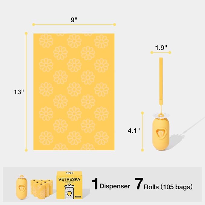 VETRESKA Dog Poop Bag Dispenser with Daisy Scented Waste Bags, 105 Counts | Leak Proof and Extra Thick Pet Waste Bags for Dog Walking and Cat Litter