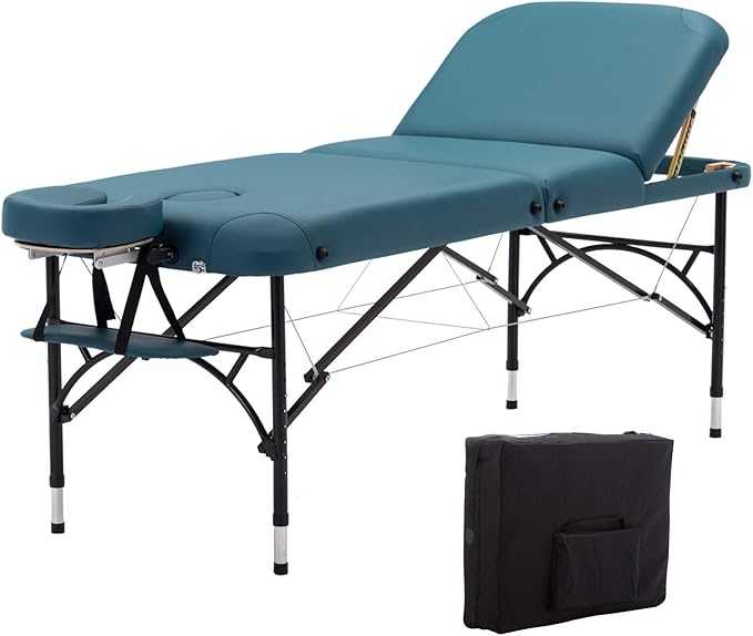 Artechworks 28" Width 3 Folding Portable Lightweight Massage Table Facial Salon Spa Tattoo Bed with Aluminium Leg for Home Office Living Room, Teal Green Color