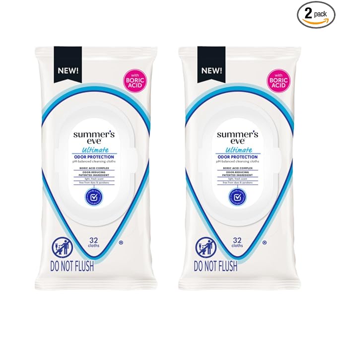 Summer’s Eve Ultimate Odor Protection Feminine Cleansing Wipes, Daily Intimate Cloths, with Boric Acid Complex, pH Balanced, Removes Odor, 32 Count (Pack of 2)