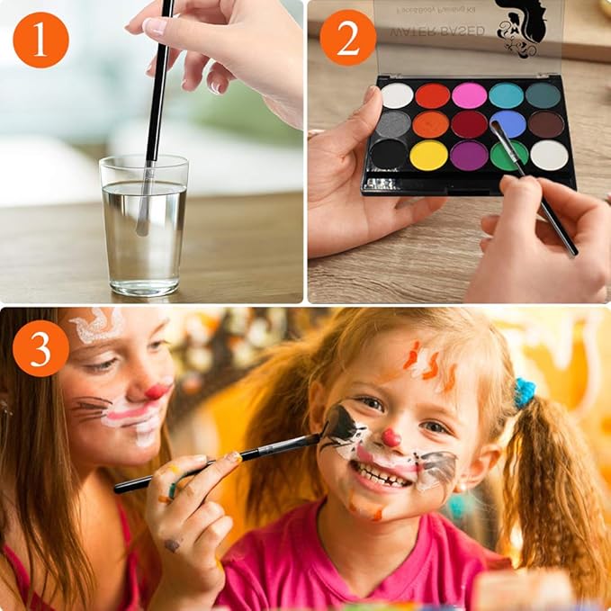 Face Paint Kit - 15 Vibrant Colors Non-Toxic Washable Makeup for Kids & Adults | Water-Based Halloween, Party, Cosplay | Includes 2 Brushes & Palette