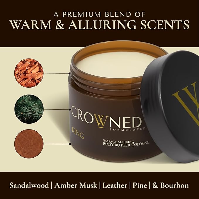 Crowned Skin King Cologned Body Butter | Warm and Sensual Scent | Blended with Sandalwood & Leather | Infused with Organic Shea & Mango Butters | Moisturizing Formula with All-Day Fragrance | 4.4oz