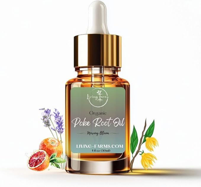 Organic Poke Root Castor Oil | Vegan Lymphatic Support | Cysts, Boils, Fibroids, Swollen Lymph Nodes, Breast & Joint | Natural Deep Tissue Massage | Made in The USA (1oz, Morning Bloom)