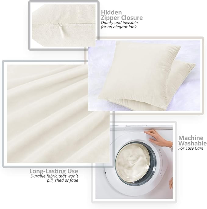 Throw Pillow Inserts Pack of 2 with Velvet Soft Solid Decorative Square Throw Pillow Covers Set for Sofa Couch Car Bedroom, 20X20 Throw Pillows Inserts with 18x18 Washable Cushion Covers, Off White