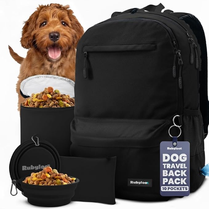 Rubyloo Dog Travel Backpack for Supplies - Dog Diaper Bag with Travel Bowls