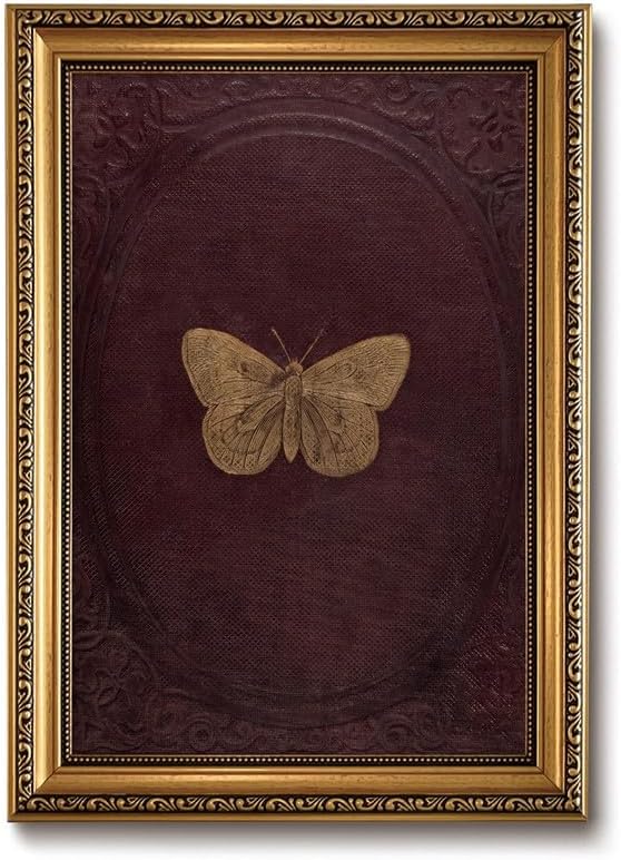 ZLPLLHA Vintage Gold Framed Wall Art Butterfly Wall Decor Moody Canvas Art Insect Pictures Victorian Paintings Burgundy Artwork for Bedroom Living Room