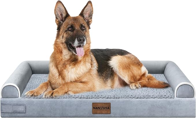 Orthopedic Dog Bed for Jumbo Dogs, 48 x 33 Inch, Light Grey | Egg crate foam for joint support, 3-sided bolster pet sofa, waterproof lining, washable cover, and non-skid base