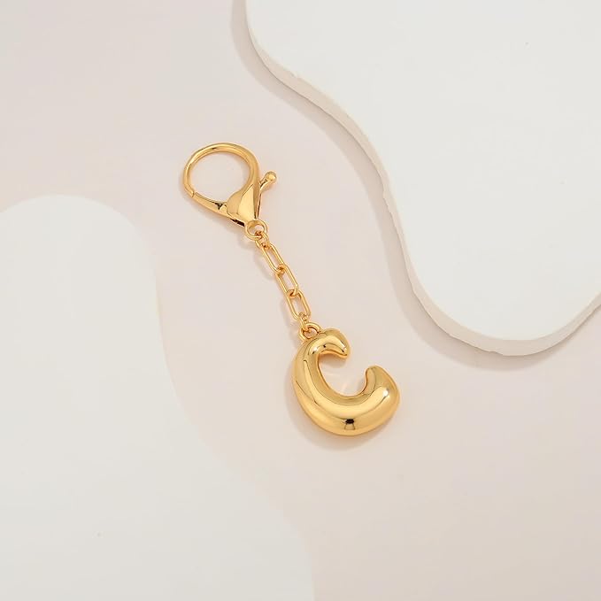 WOWORAMA Initial Letter Keychain for Women Chunky Gold Bubble Letter Bag Charm Purse Charm Personalized Keyrings Accessories