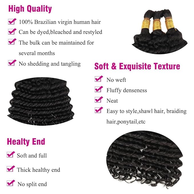 Human Braiding Hair for Boho Braids 16inch Deep Water Wave Bulk Human Hair Extensions for Braiding No Weft Brazilian Virgin Curly Loose Deep Wave Bulk Wet and Wavy 1 Bundle 100g Natural Black
