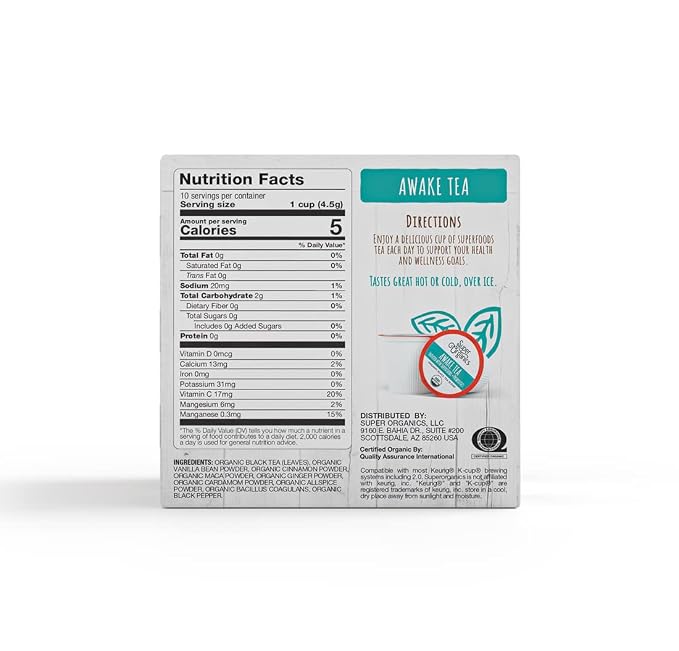 Super Organics Awake Black Tea Pods With Superfoods & Probiotics Keurig K-Cup Compatible Energy, Revitalizing, Refreshing Chai Tea k Cups, USDA Certified Organic, Vegan, Non-GMO, Natural & Delicious, 10ct