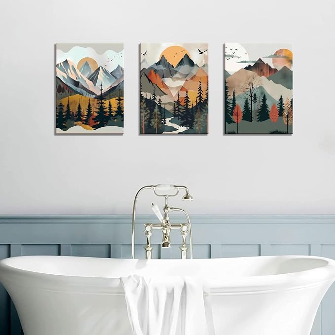 Mountain Canvas Wall Art Set of 3, Boho Sun Forest Abstract Nature Landscape Artwork Wall Decor, Watercolor Posters Prints Painting Picture Artwork for Living Room Bedroom Office 12 x16 In Framed