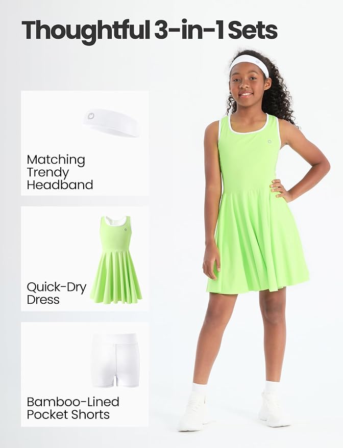 PATPAT Girls Athletic Dress Tennis Summer Outfit with Headband & Shorts | Quick-Dry RapidAir-C Fabric, Lightweight Breathable Golf Dress, Sweat-Wicking 2 Piece sets, Two Hidden Pockets