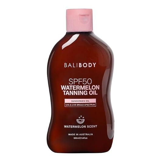 Bali Body Watermelon Tanning Oil SPF50 – Tanning Oil with SPF for Dark Glow Skin, Fast-Absorbing, Non-Greasy Formula, Hydrating, Travel Size, Cruelty-Free, Vegan Australian Made (100ml/3.4floz)