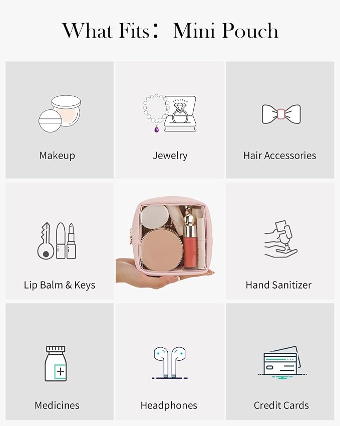 Pocmimut Clear Makeup Bag, Easy to Find Mini Makeup Bag for Purse, Travel Makeup Bag for Car, Compact Cosmetic Pouch for Daily Essentials,Pink