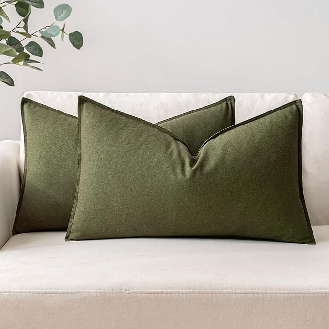 MIULEE Lumbar Decorative Linen Pillow Covers 12x20 Inch Olive Green | Pack of 2 Boho Farmhouse Modern Accent Throw Pillows, Soft Neutral Cushion Covers, Home Decor for Sofa Couch Bed Living Room