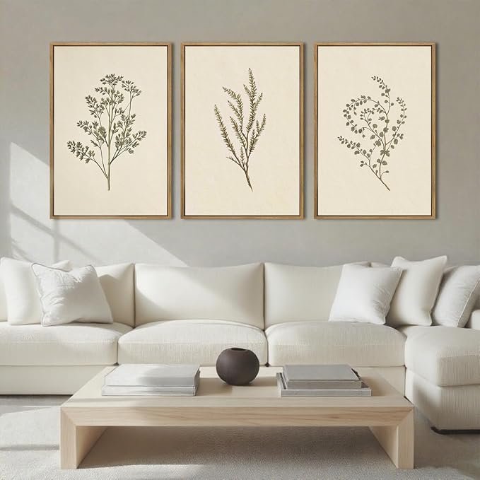ANHUIB Neutral Beige Floral Canvas Wall Art Large Cream Botanical Wall Decor Vintage Minimalist Modern Paintings 24x36 Inch Set of 3 for Living Room Dining Room Bedroom