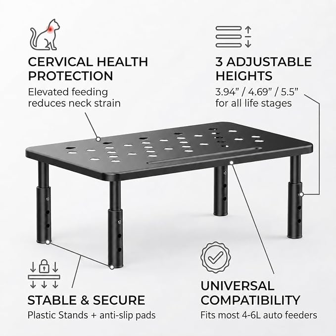 Raised Automatic Cat Feeder Stand for Double Bowl Feeders, Carbon Steel 14.57 x 9.25 in, 3 Adjustable Heights 3.94-5.5 in, Non-Slip, Fits Feeders & Water Dispensers, No-Drill (Black)