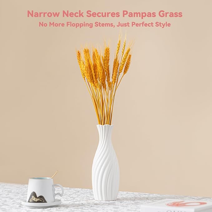 White Ceramic Vase with Swirl Texture - 10" Unique Flower Vase for Pampas Grass & Centerpieces, Decorative Boho/Farmhouse Vase for Living Room, Office Desk & Housewarming Gift (for Her/Yourself)