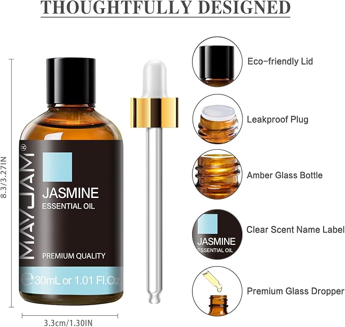 MAYJAM Jasmine Essential Oil for Diffuser, Jasmine Oil for Skin, 1.01fl.oz | Long Lasting Scents, Essential Oils for Soap Candle Making, Ideal for Home Yoga Use