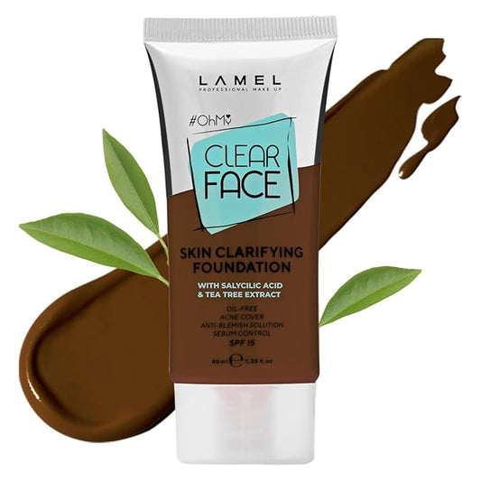 LAMEL Oh My Clear Face Full Coverage Foundation for Oily & Acne Prone Skin, Salicylic Acid & Tea Tree Extract, Anti-Blemish Sensitive Skin Care, Organic & Oil-Free, 412 Toffee, 40 ml / 1.35 fl.oz