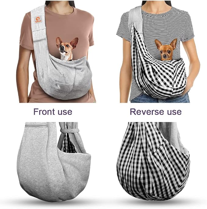 Tomkas Small Dog Cat Sling Carrier Puppy Purse Travel Wrap Soft Crossbody Pet Bag (Grey, M - Zip Pocket & Adjust Strap)
