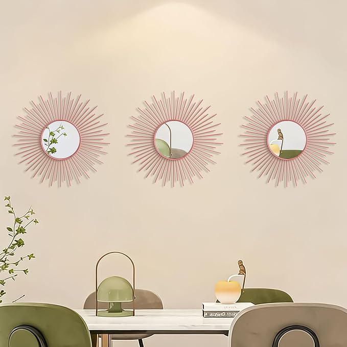 3 Pack Metal Mirrors for Wall Sunburst Wall Mirrors Home Décor Decorative Hanging Wall Art for Living Room Bedroom Entryway (Pink, Sunburst)