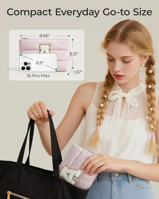 BAGSMART Personalized Makeup Bag with Initial, Pink Small Cosmetic Travel Organizer, Water-Resistant Pouch for Women & Teens for Bridesmaid Graduation (Initial-S, Small)