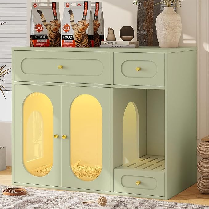 Hidden Cat Litter Box Enclosure Furniture with LED Light, Modern Litter Box Cabinet with Drawers & Acrylic Door, Multi-Entry Cat House Sideboard for Living Room, 37.4"W x 15.6"D x 31.5"H,Green