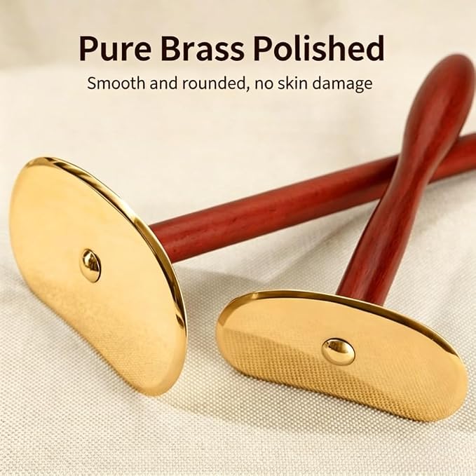 Brass Gua Sha Board with Long Handle, Self-Scraping Massage Tool for Home Use, Full Body Back Gua Sha Scraper with Rosewood Handle (Long Handle)