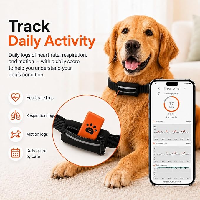 Smart Dog Health Monitoring Collar, Heart Rate, Respiratory & Activity Tracker with Wellness Insights, Waterproof Pet Collar with App(No Monthly fee)