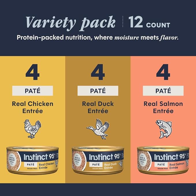 Instinct Pate Entrees, Wet Cat Food, Variety Pack, 5.5 oz. (12 Count) | Rich & creamy pate texture, high protein, real meat, whole-food ingredients, grain-free, hydration support